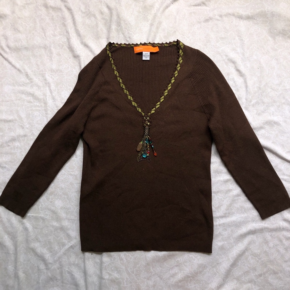 Vintage 90s silk blend boho knit top with built in ribbon & charms neckline